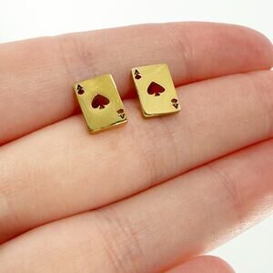 Ace of Spades Stud Earrings Gold Tone Playing Card Casino Poker New